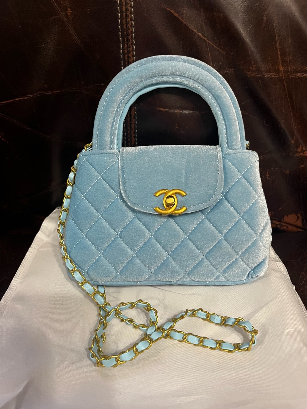 Double C Designet Ice Blue Velvet Nano Kelly Hand Bag Crossbody